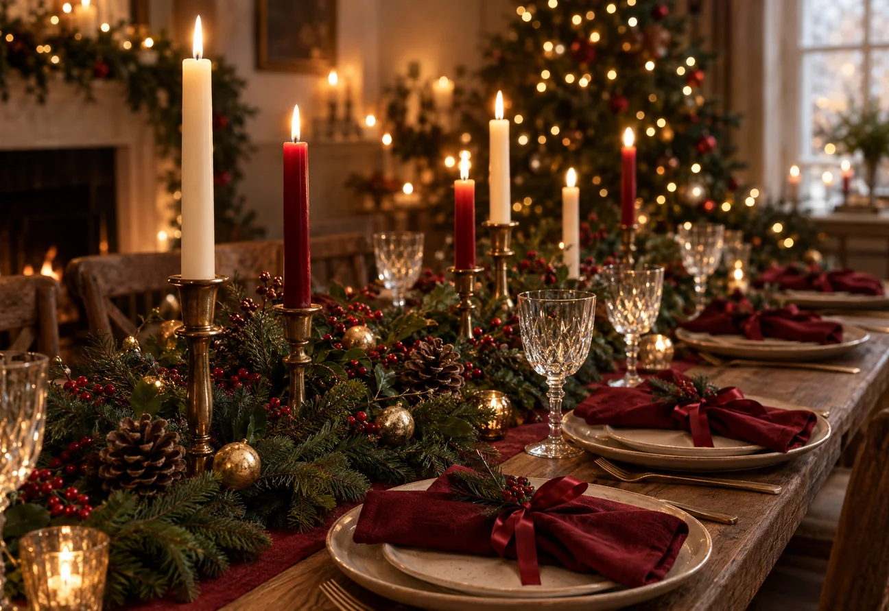 Klassiek gedekte kersttafel met rode servetten, kaarsen in koperen kandelaars en dennengroen