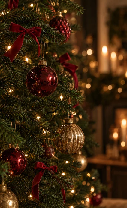Kerstboomtak met rode en gouden kerstballen, rode strikjes en lichtjes