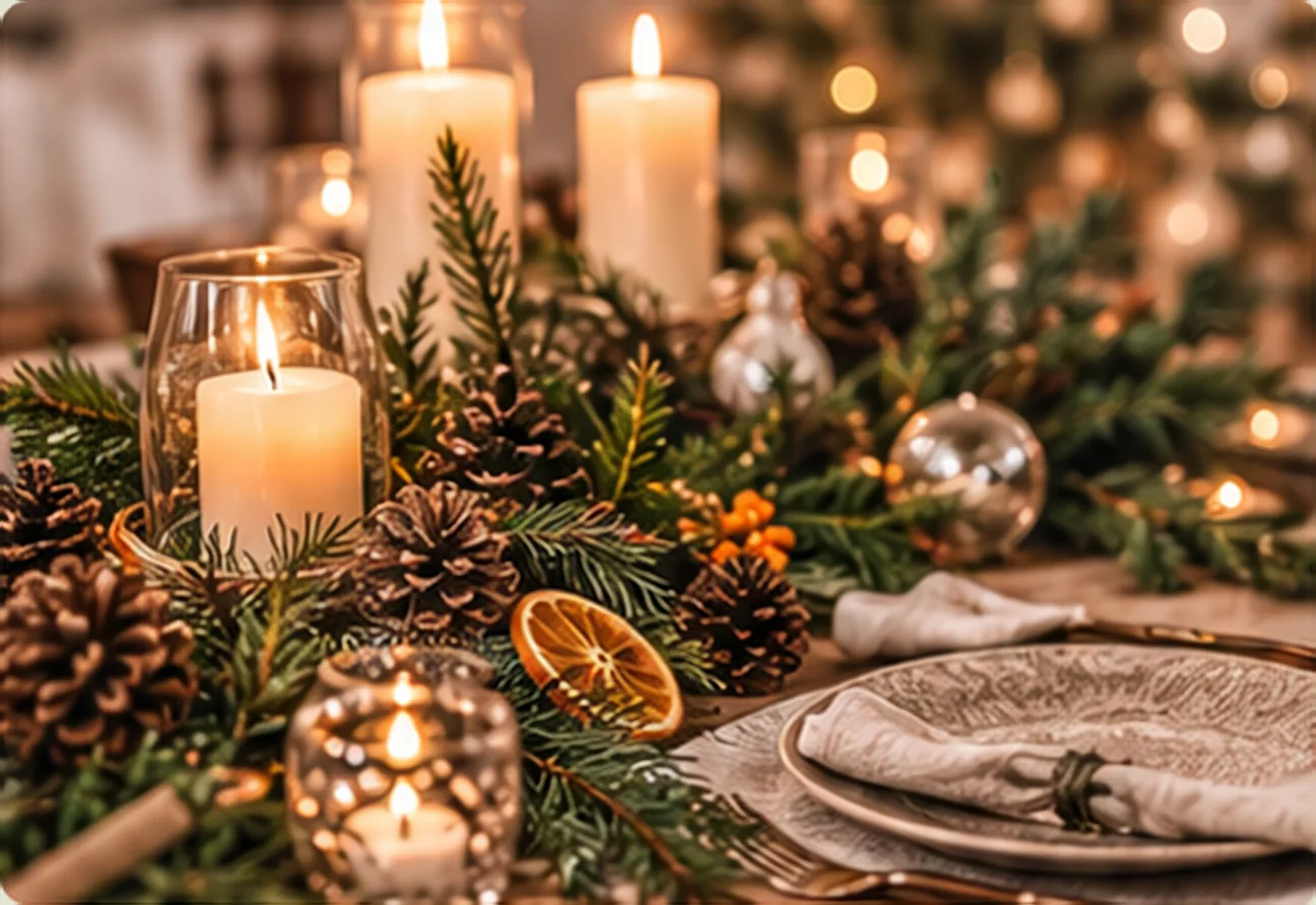 Feestelijk gedekte tafel met kaarsen, dennengroen, dennenappels en gedroogde sinaasappel