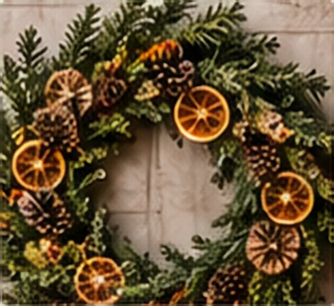 Kerstkrans met gedroogde sinaasappelschijfjes en dennenappels
