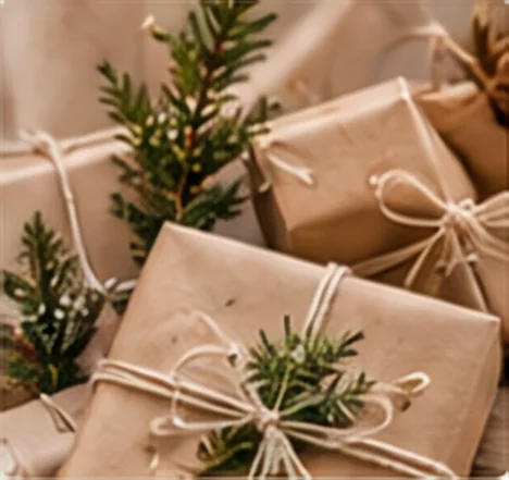 Cadeaus in kraftpapier met touw en takjes dennengroen
