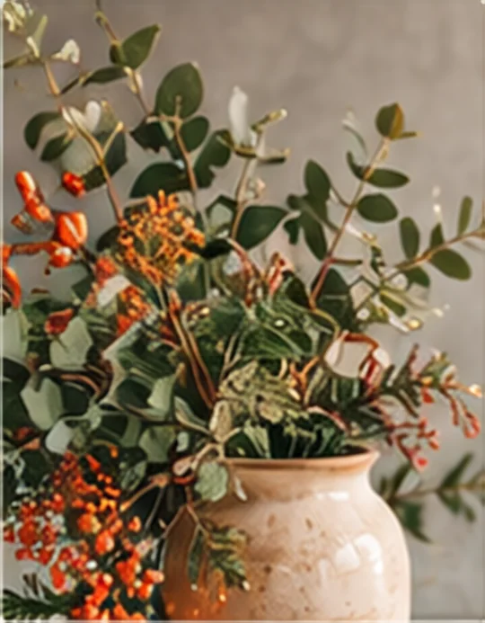 Crèmekleurige vaas met eucalyptus en oranje bessen