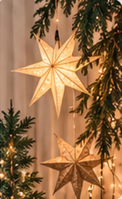 Papieren kerststerren met lichtjes en dennenslinger