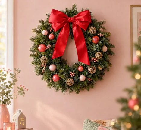 Kerstkrans met roze en rode kerstballen, rotan balletjes en een grote rode strik