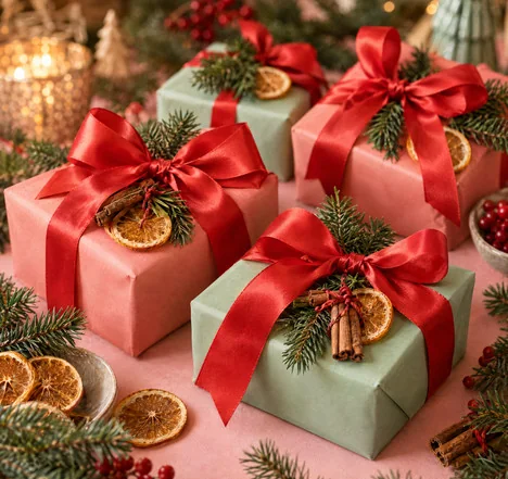 Cadeaus in koraalroze en mintgroen papier met rode strikken, sinaasappel en kaneel