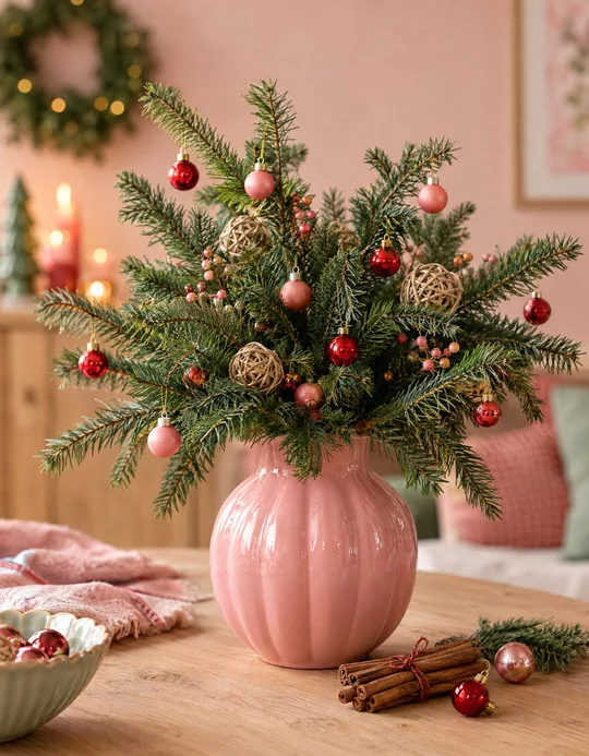 Roze vaas met dennentakken, roze en rode kerstballen en rotan balletjes