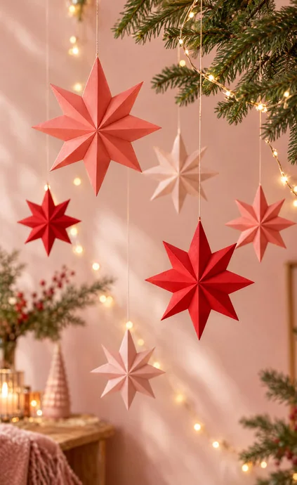 Papieren sterren in koraal, roze en rood met lichtjes voor een roze muur